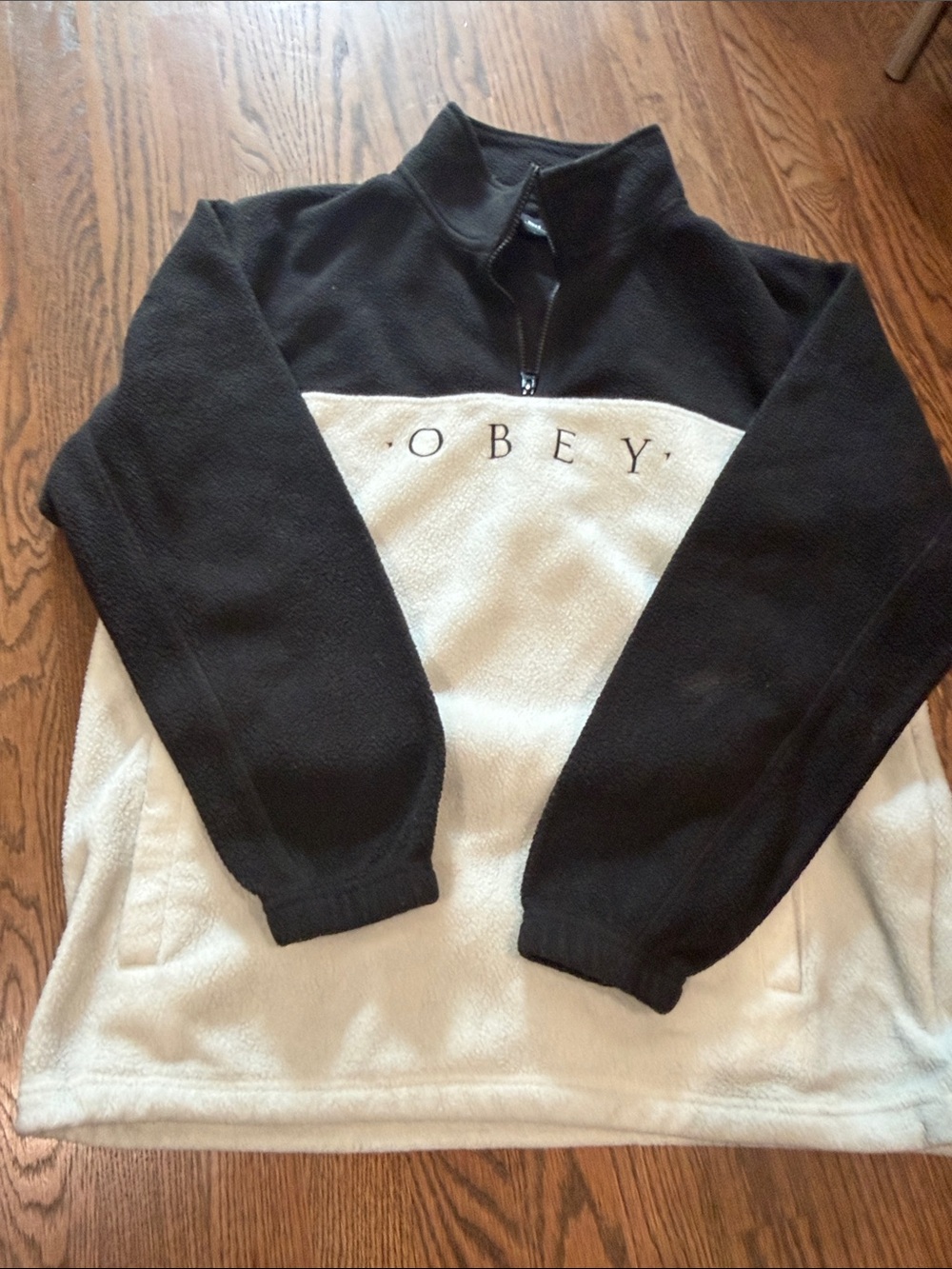Obey Two-Tone Black and Cream Half-Zip Fleece Pullover